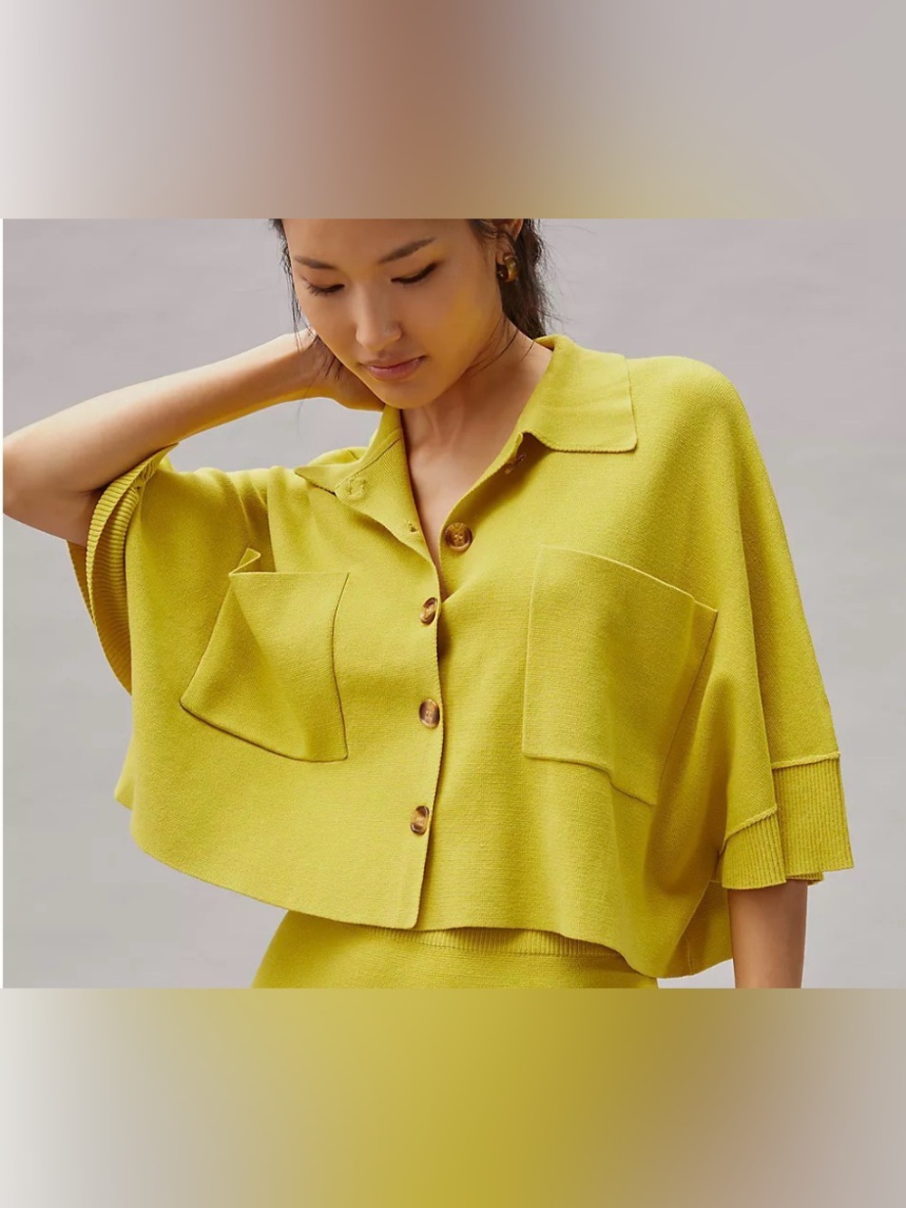Anthropologie Flat White Patch Pocket Chartreuse Sweater Large NWT